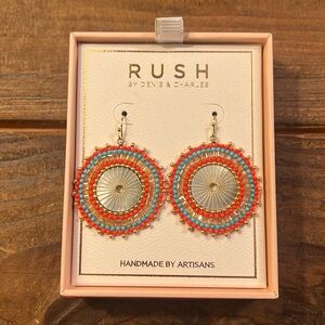 RUSH by Denis & Charles - hand beaded gold, turquoise & coral earrings